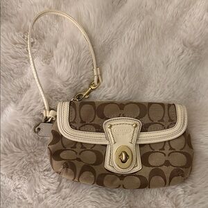 Coach Signature Tan and Cream Wristlet